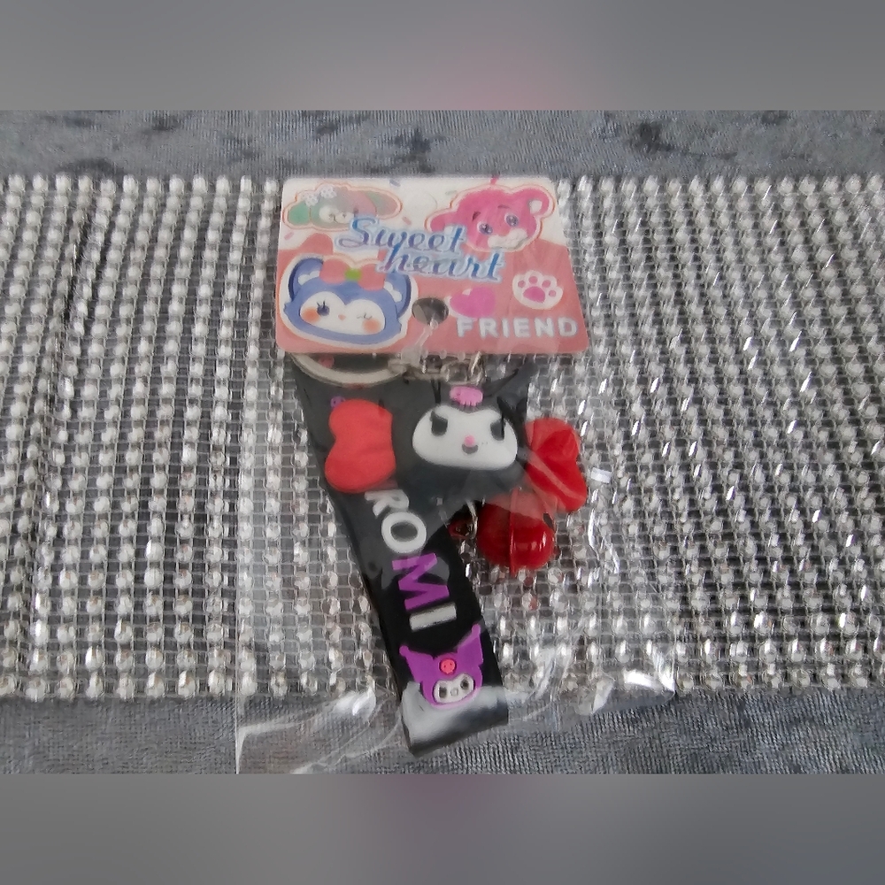 Sanrio Kuromi Keychain w/Little Bell & Silicone Band BLACK/RED-NEW